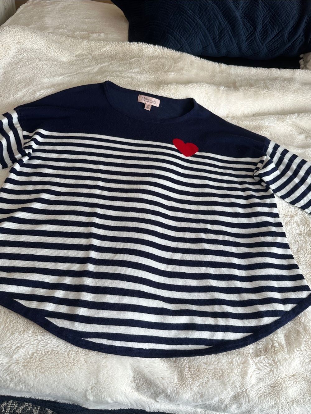 Philosophy Navy and White Striped Crewneck Sweater with Red Heart